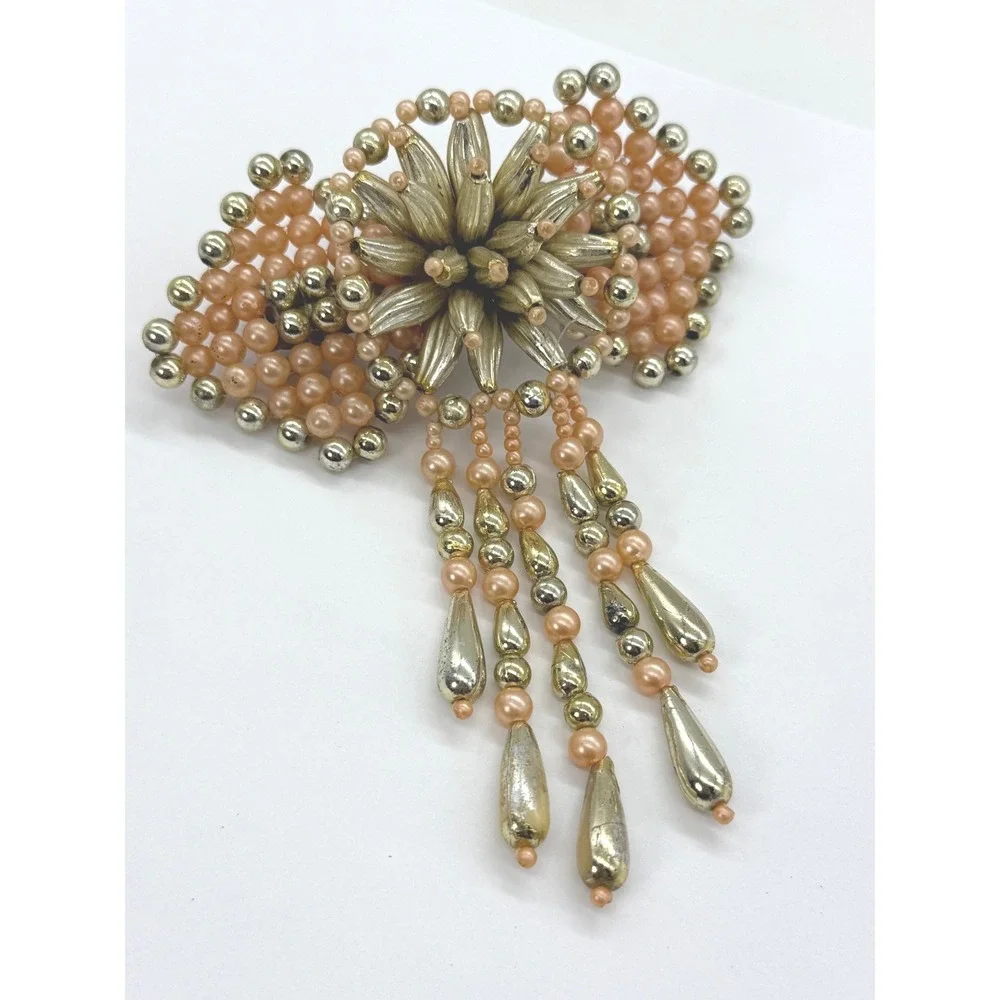 Vintage Faux Pearl Beaded Big Bow Dangle Hair Barrette French Clip Peach Gold